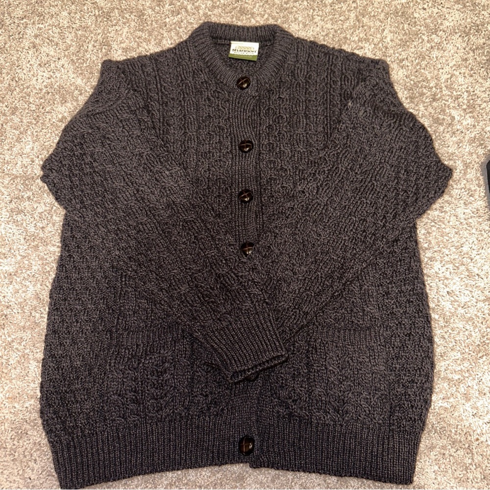 Shannon Woolen Mills Cardigan Womens Medium Gray Cable Knit Chunky Sweater